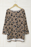 Brown Crew Collar Leopard Print High/Low Hem Long Sleeve Top