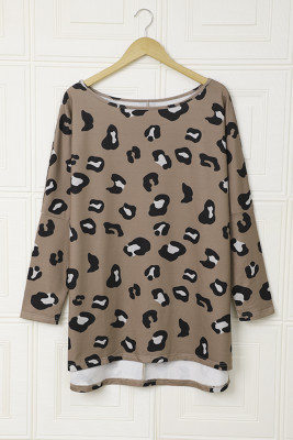 Brown Crew Collar Leopard Print High/Low Hem Long Sleeve Top