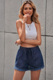 Dark Blue Casual Pocketed Frayed Denim Shorts