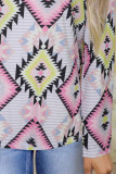V Neck Striped Aztec Print Twisted Long Sleeve Top