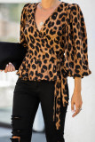 Leopard Ruffled Wrap V-Neck Blouse with Belt