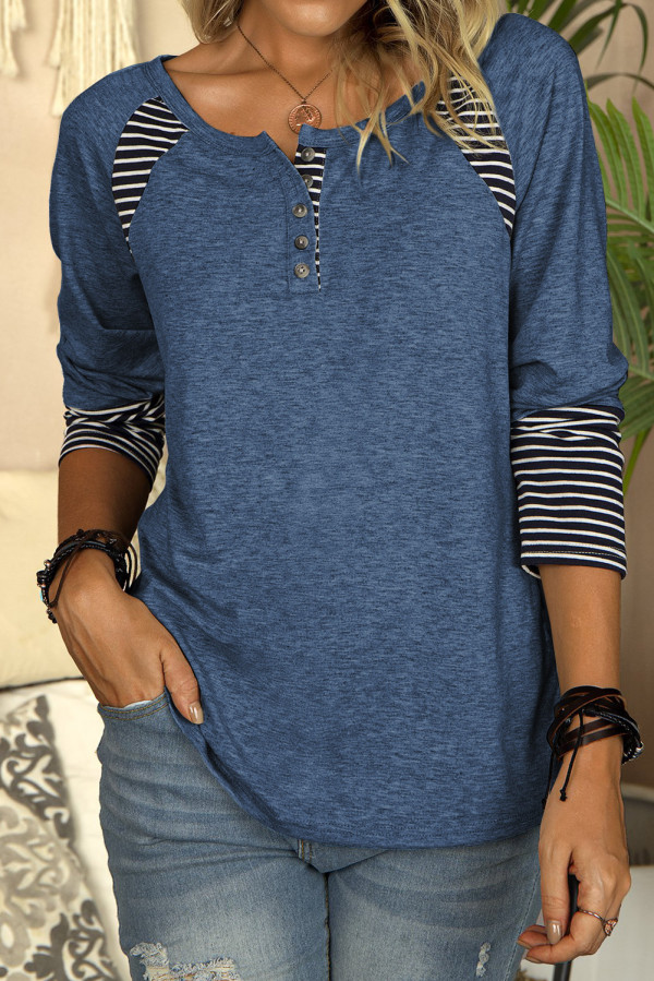 Blue Casual Striped Color-Block Crew Neck Shirt