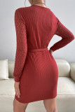 V Neck Rib Knit Splicing Crochet Lace Long Sleeves Dress
