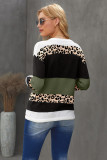 Green Crewneck Leopard Color Block Knit Pullover Sweater