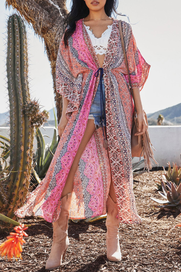 Boho Floral Print Open Front Kimono