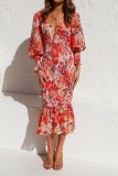 Deep V Neck Floral Print Balloon Sleeve Slim Dress