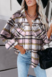 Pink Geometric Plaid Print Pocketed Shirt