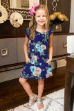 Blue Little Girls' Ruffle Sleeve Floral Dress with Pockets