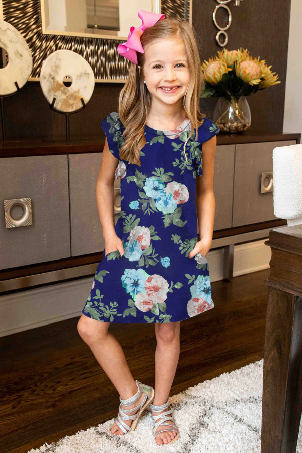 Blue Little Girls' Ruffle Sleeve Floral Dress with Pockets
