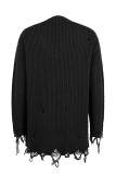 Ripped Raw Edge V Neck Plain Knit Sweaters