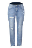 Lt. Blue Ripped Raw Hem Slim Fit Stretch Jeans Pants
