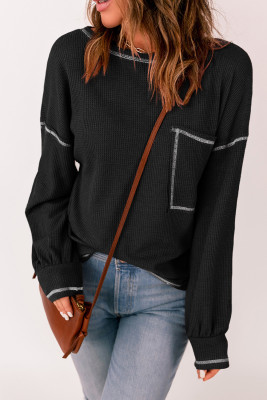 Black Contrast Stitching Trim Waffle Knit Pullover