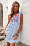 Embroidered Floral Striped Sleeveless Shift Mini Dress