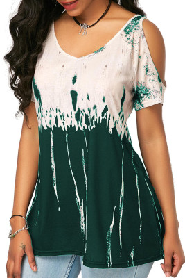 Green Gradient Cold Shoulder Short Sleele Loose Tops