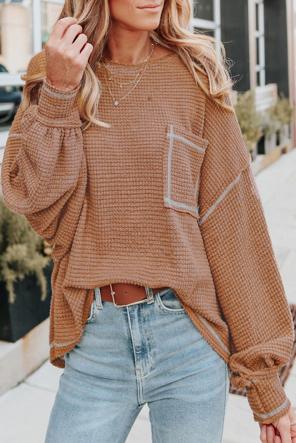 Grey Contrast Stitching Waffle Knit Top