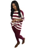 Wine Red Ladies Striped Long Sleeve Swing Tunic Tops Loose Comfy Super Long T Shirt