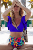 Blue Floral Ruffled Hem High Waist Bikini Set
