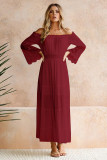 Wine Off Shoulder Embroidered Flared Sleeve Lace Maxi Dress