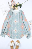 Sky Blue Geometric Aztec Print Long Sleeve Blouse