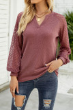 Lace Crochet Sleeves V Neck Waffle Knit Top