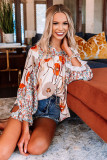 Orange Floral Print Ruffled Drawstring V Neck Blouse
