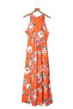 Orange Halter Neck Sleeveless Floral Dress with Slits