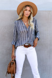 Blue Striped V Neck Pocket Long Sleeve Top