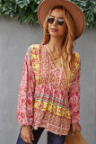 Pink Floral Print Loose Drawstring V Neck Blouse