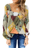 Green Square Neck Mixed Print Blouse