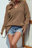 Ripped Raw Edge V Neck Plain Knit Sweaters