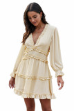 Beige V Neck Ruffle Detailing Open Back Dress