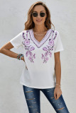 Purple Floral Pattern V Neck Short Sleeve Top