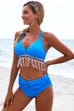 Blue Strappy Tassel Bowknot Back High Waist Bikini