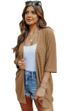 Brown Ribbed Open Front Knit Cardigan
