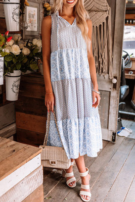 Sky Blue Abstract Print Split Neck Sleeveless Maxi Dress