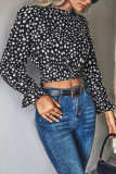 Spot Print Ruffle Neck Back Hollow Out Long Sleeves Crop Top