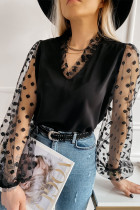 Black Lace Contrast V Neck Puffy Sleeve Blouse