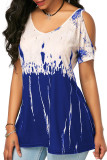 Blue Gradient Cold Shoulder Short Sleele Loose Tops