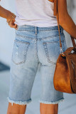 Mid-rise Ripped Plaid Patches Denim Bermuda Shorts