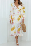 V Neck Lantern Sleeves High Waist Floral Dress