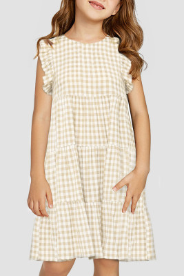 Khaki Girl's Plaid Print Ruffled Sleeveless Shift Mini Dress