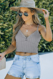 Gray Rib Knit Button Front Ruffle Hem Camisole