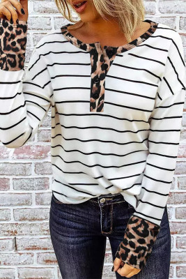 Leopard Trim Striped Print Long Sleeve Top