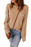 Khaki Contrast Stitching Trim Waffle Knit Pullover