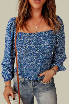 Blue Square Neck Puff Sleeve Floral Smocked Top