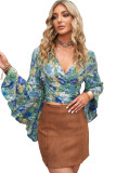 Green Floral Print V Neck Ruffled Bell Sleeve Crop Top