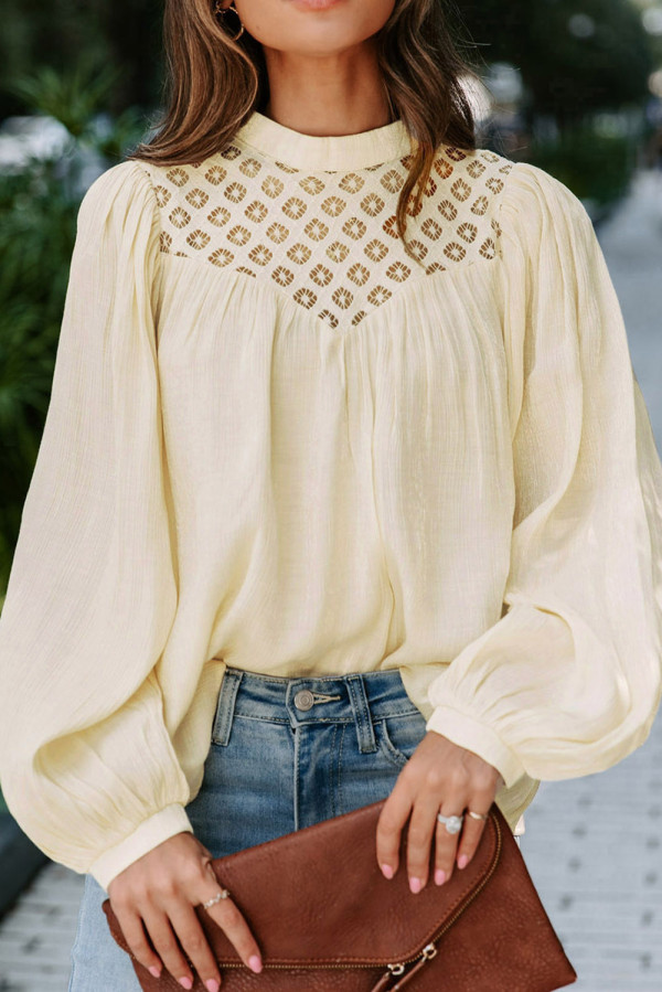 Apricot Crochet Lace Textured Balloon Sleeve Blouse