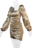 Gold Puffy Sleeves Ruched Bodycon Dress