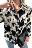 Black Leopard Open Button Long Sleeves Blouse Shirt