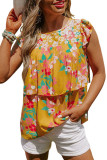 Yellow Floral Print Ruffle Cap Sleeve Keyhole Back Blouse